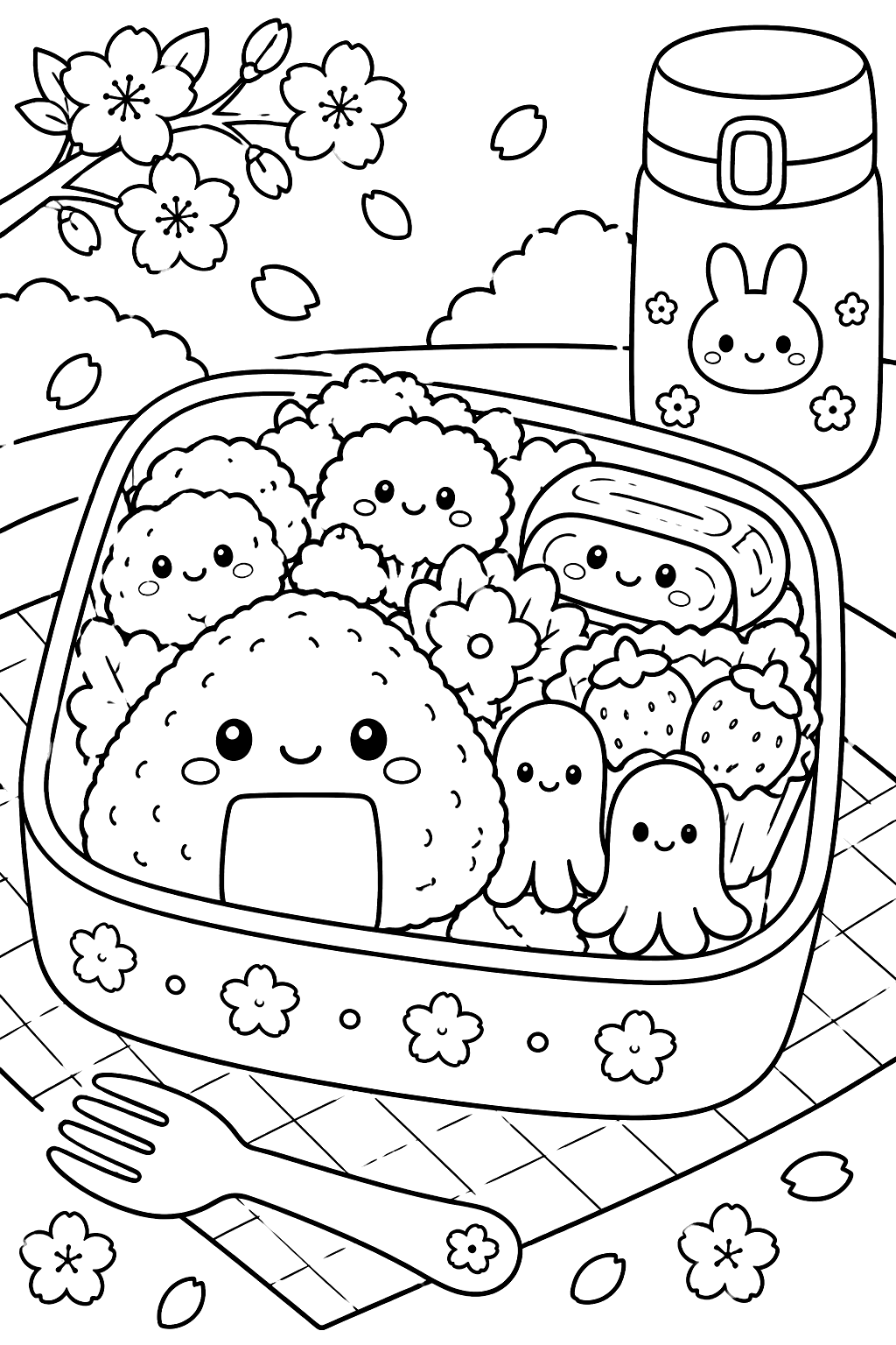 a kawaii bento box coloring page