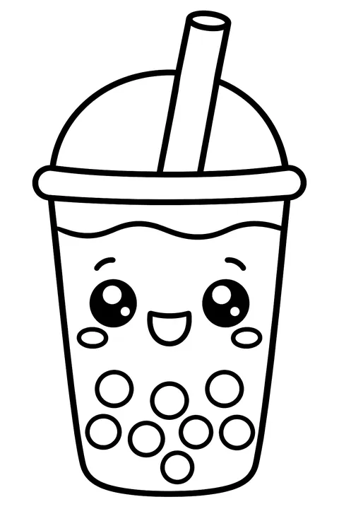 a kawaii boba tea cup with a face, a straw and outlined (not filled) tapioca pearls coloring page