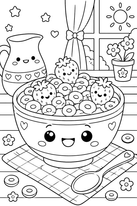 a kawaii cereal bowl coloring page
