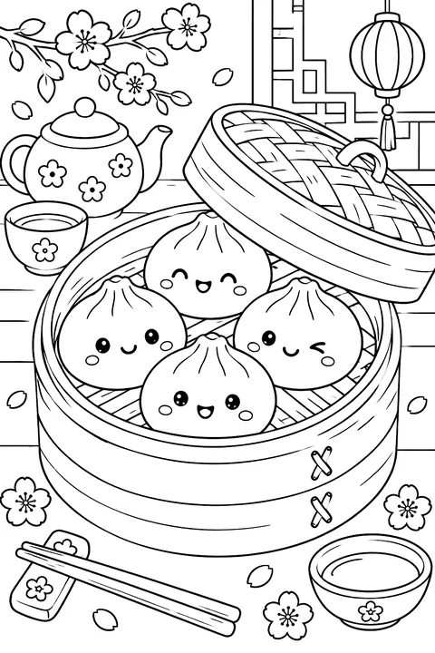 kawaii dumplings in a steamer coloring page