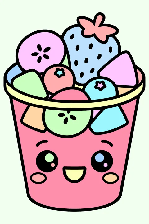 a kawaii fruit cup coloring page