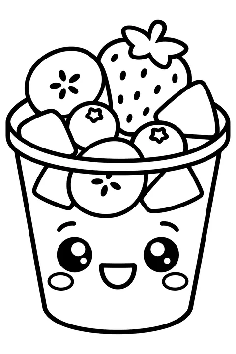 a kawaii fruit cup coloring page