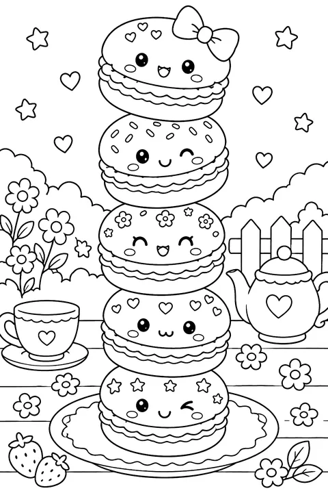 a tower of kawaii macarons coloring page