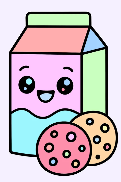 a kawaii milk carton with cookies coloring page