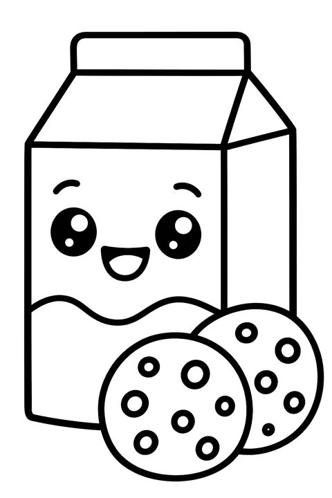 a kawaii milk carton with cookies coloring page