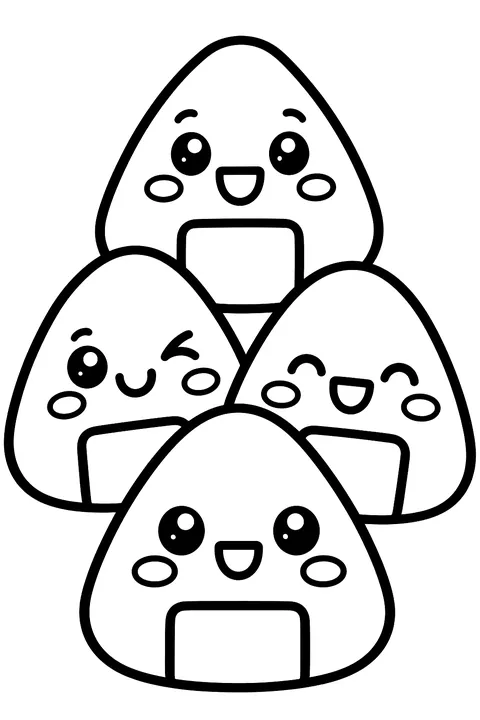kawaii rice balls with faces coloring page