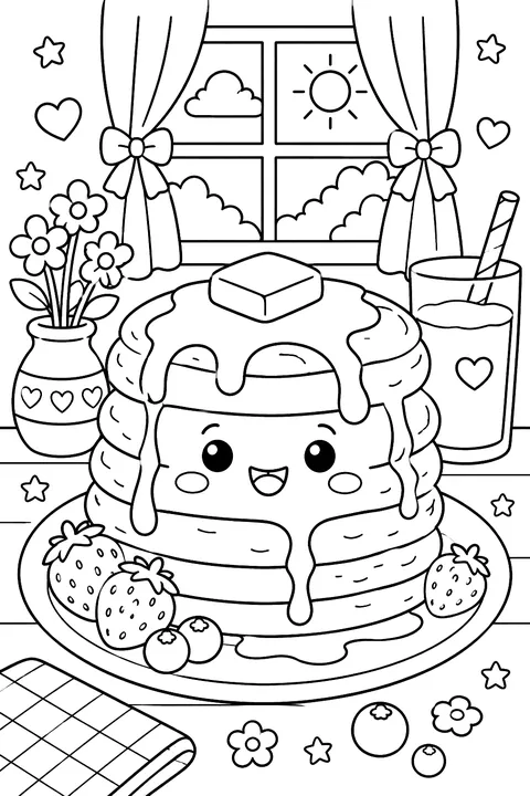 a kawaii stack of pancakes with syrup coloring page