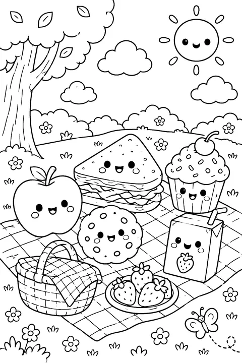 kawaii foods having a picnic coloring page