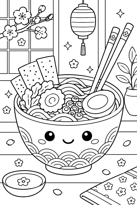 a kawaii ramen bowl with chopsticks coloring page