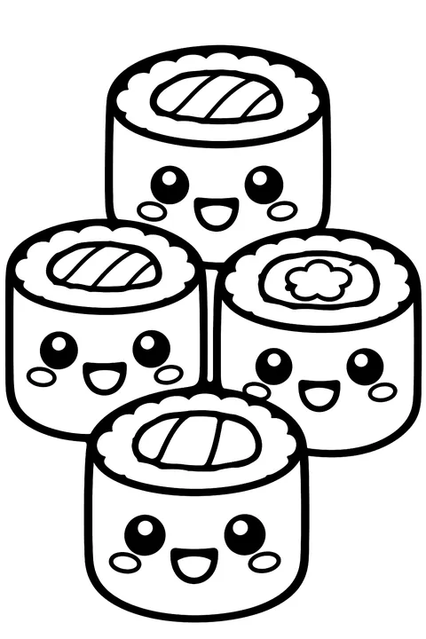 kawaii sushi rolls with happy faces coloring page