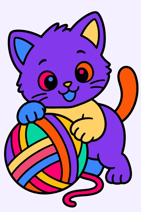 Kitten playing with a big ball of yarn on the floor coloring page