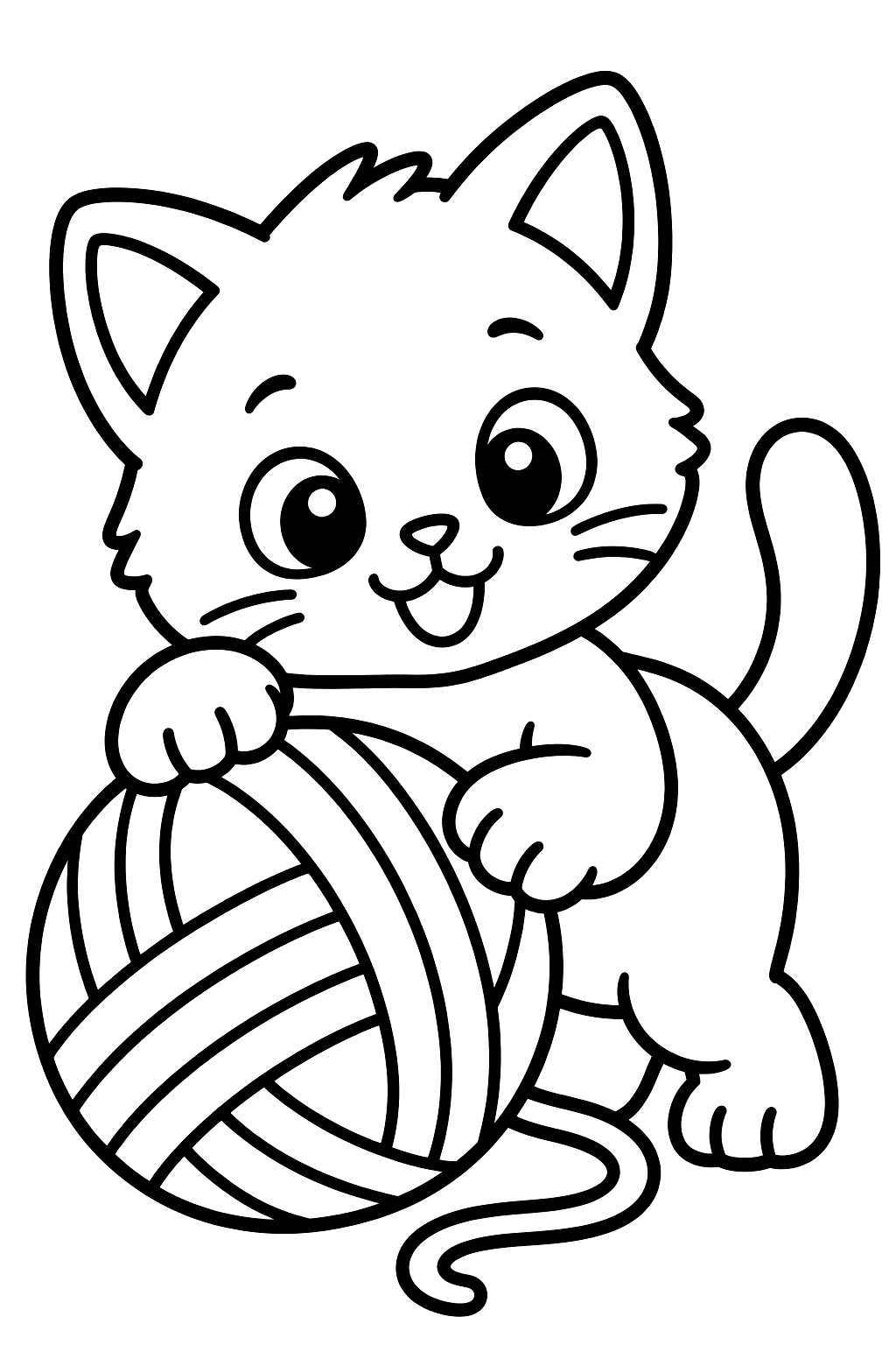 Kitten playing with a big ball of yarn on the floor coloring page