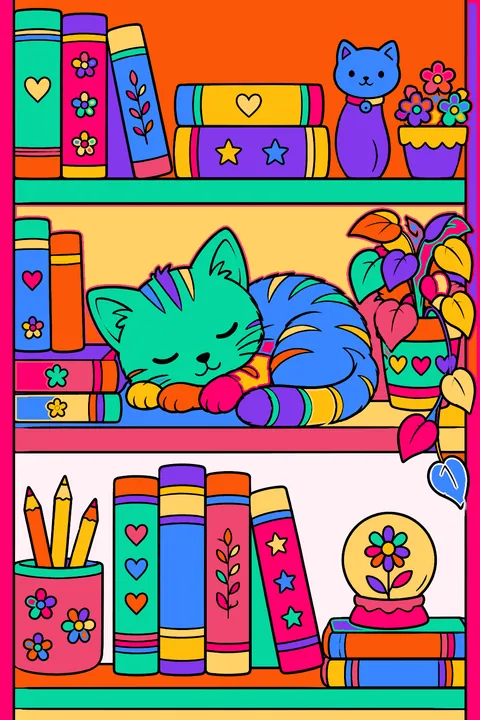 Kitten napping on a bookshelf between stacked books and a small plant coloring page