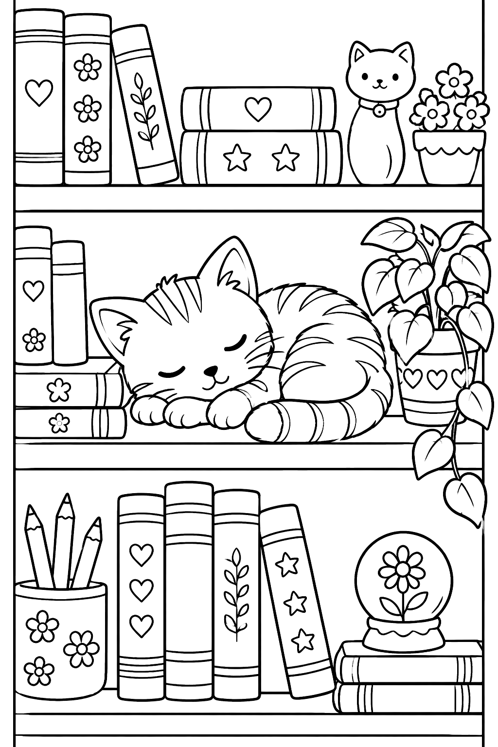 Kitten napping on a bookshelf between stacked books and a small plant coloring page