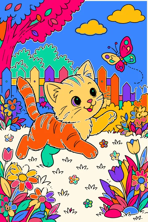 Kitten chasing a butterfly through a flower garden with a picket fence coloring page
