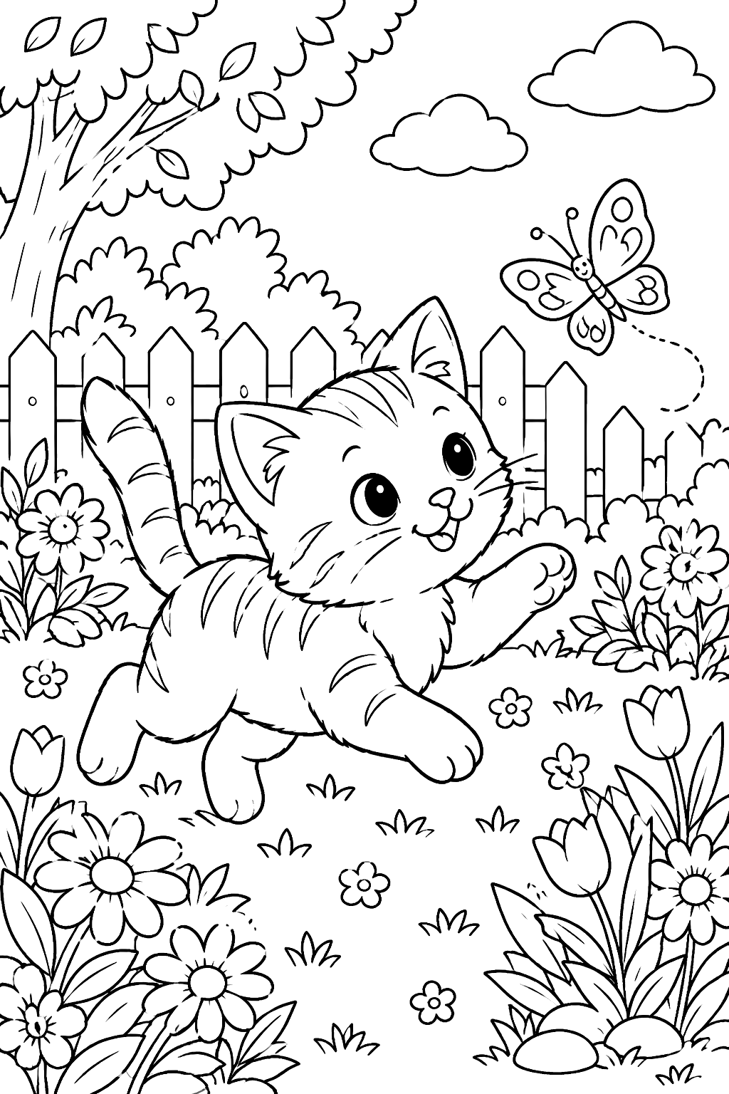Kitten chasing a butterfly through a flower garden with a picket fence coloring page