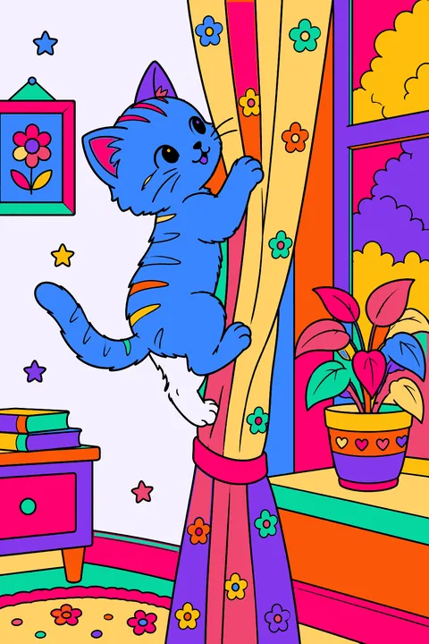 Kitten climbing up a curtain beside a window with a potted plant coloring page