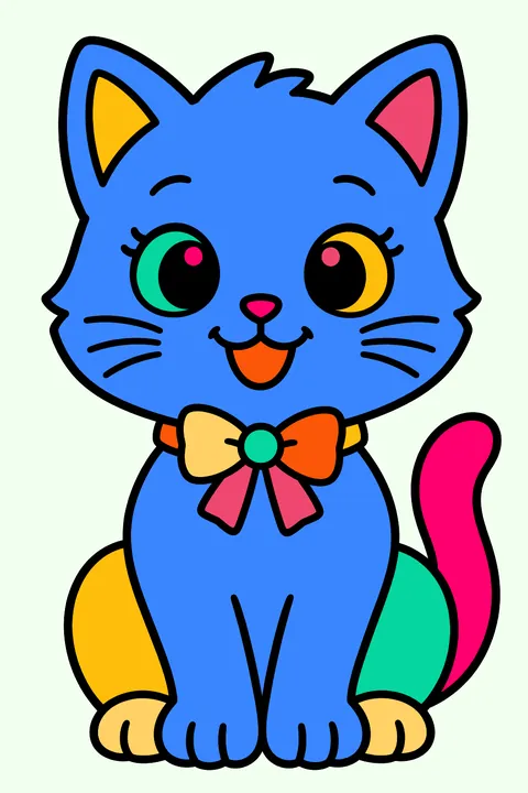 Kitten with a bow on its collar sitting and smiling coloring page
