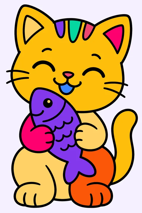 Kitten holding a fish-shaped toy and smiling with its eyes closed coloring page