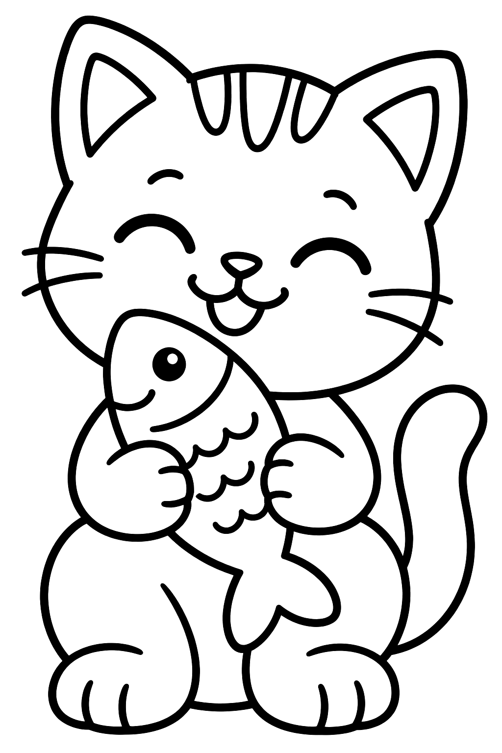 Kitten holding a fish-shaped toy and smiling with its eyes closed coloring page