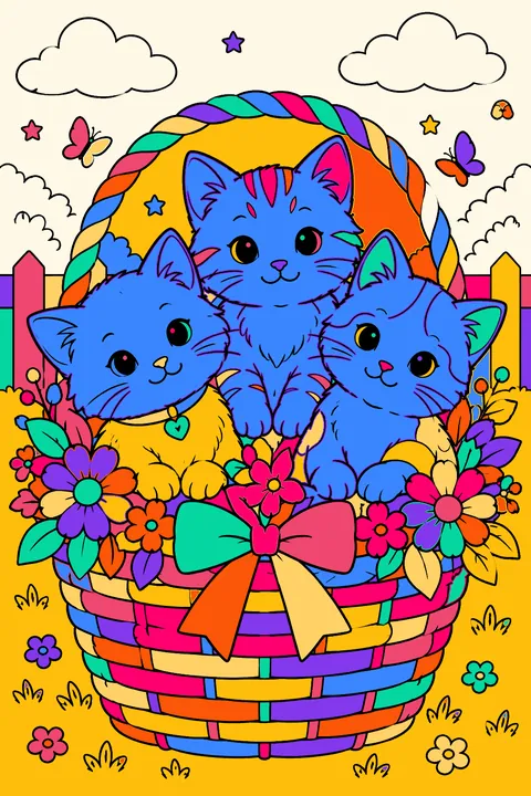 Kitten trio of three kittens sitting together in a basket of flowers coloring page