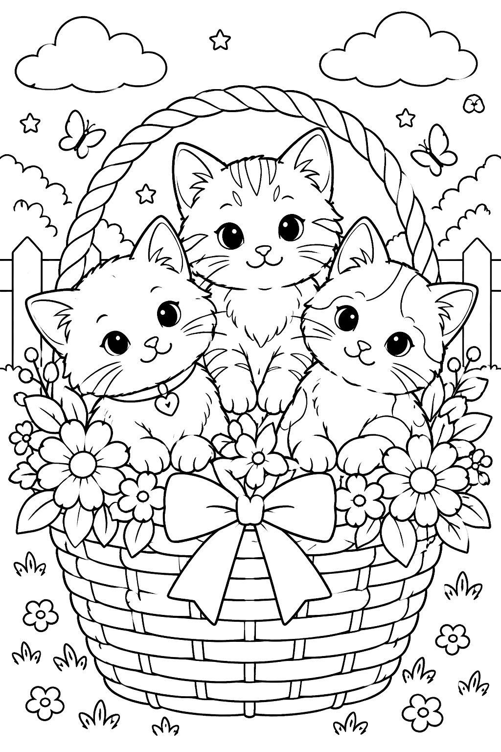 Kitten trio of three kittens sitting together in a basket of flowers coloring page