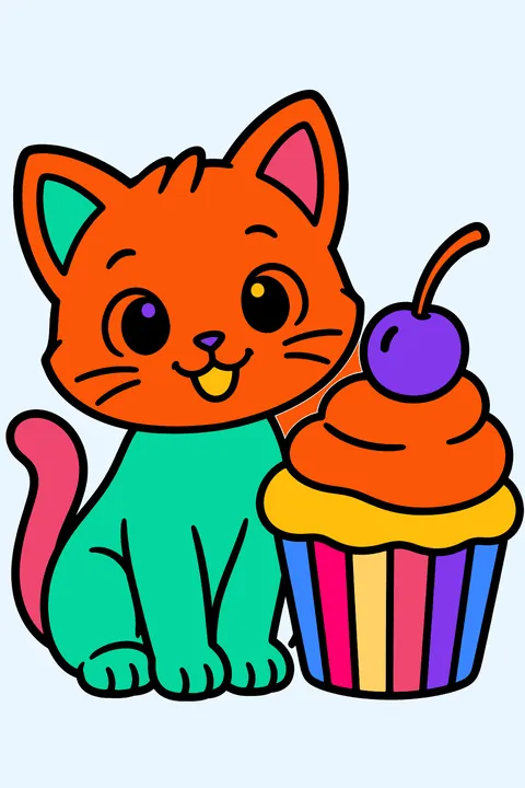 Kitten sitting next to a giant cupcake with a cherry on top coloring page