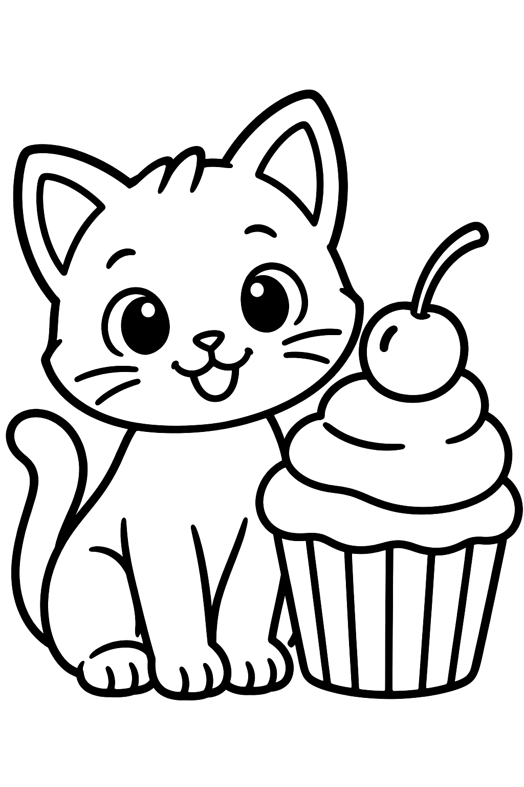 Kitten sitting next to a giant cupcake with a cherry on top coloring page