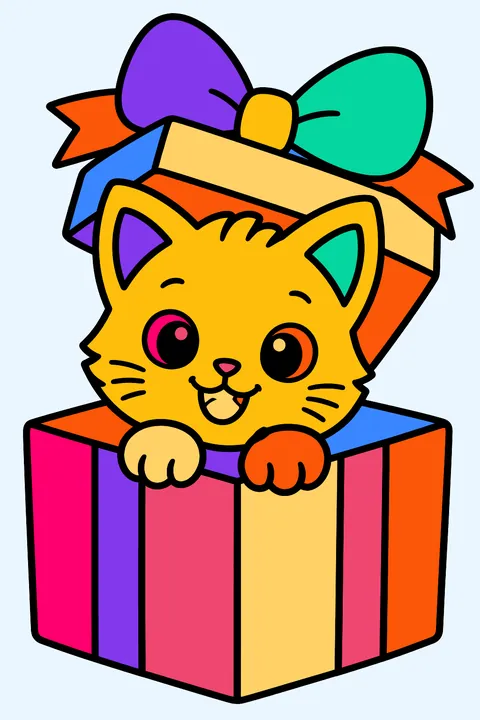 Kitten popping out of a gift box with a big ribbon coloring page