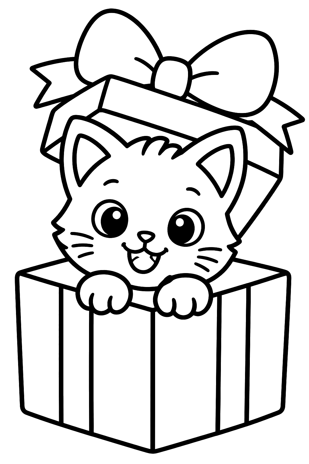 Kitten popping out of a gift box with a big ribbon coloring page