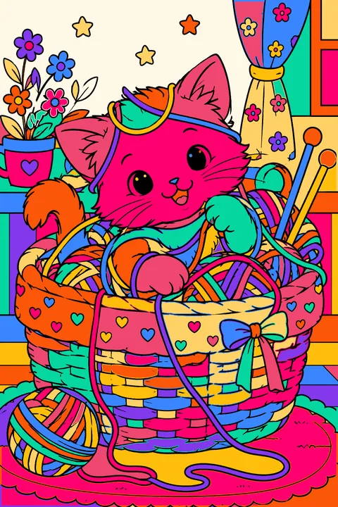 Kitten tangled in yarn inside a knitting basket with knitting needles coloring page