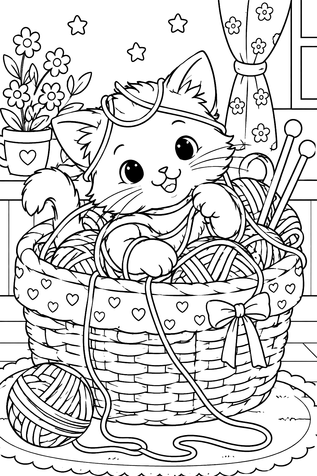 Kitten tangled in yarn inside a knitting basket with knitting needles coloring page
