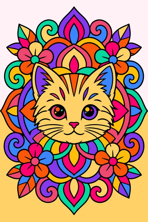 Kitten face in the center of an ornate mandala with flowers and swirls coloring page
