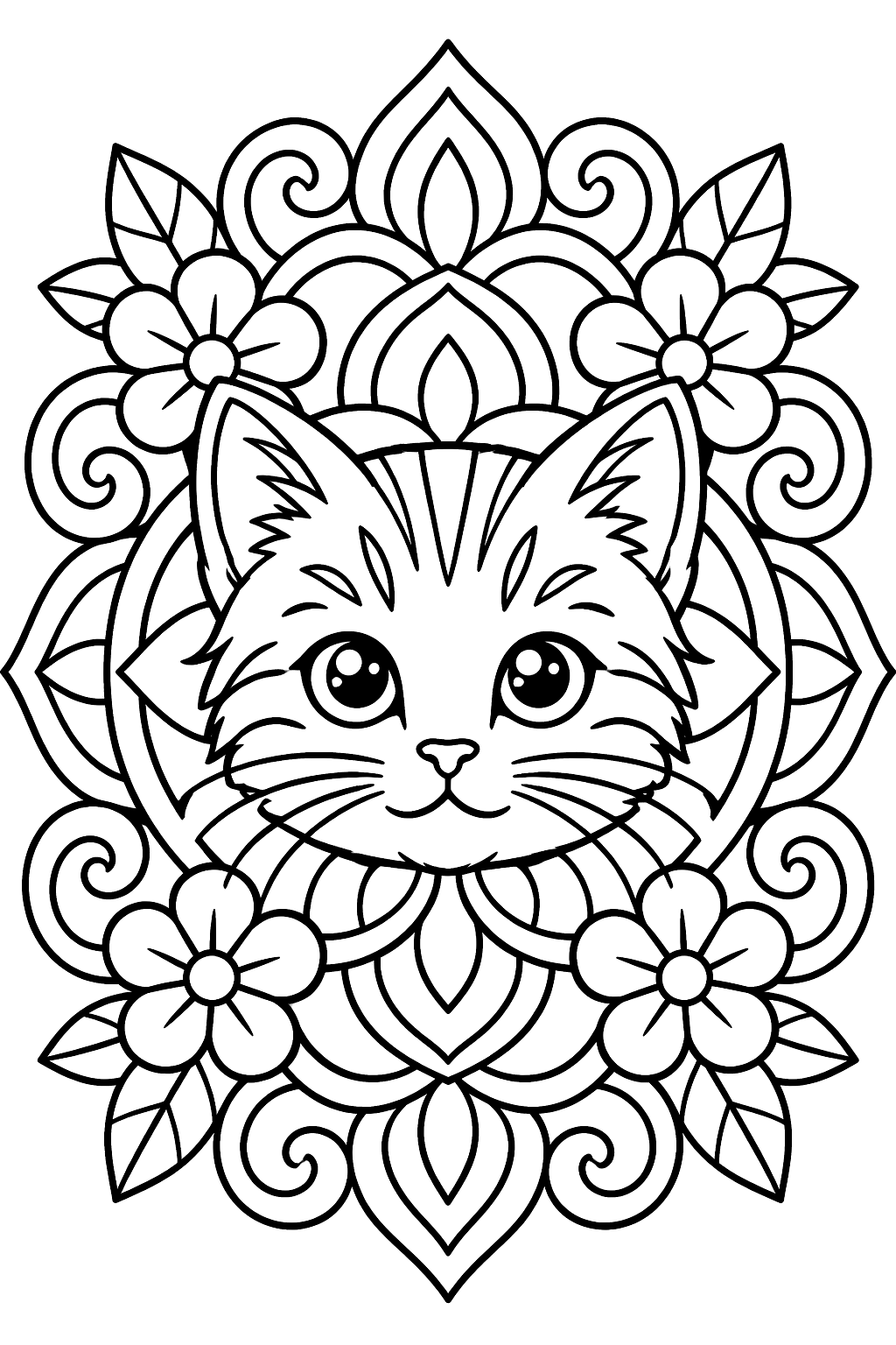 Kitten face in the center of an ornate mandala with flowers and swirls coloring page