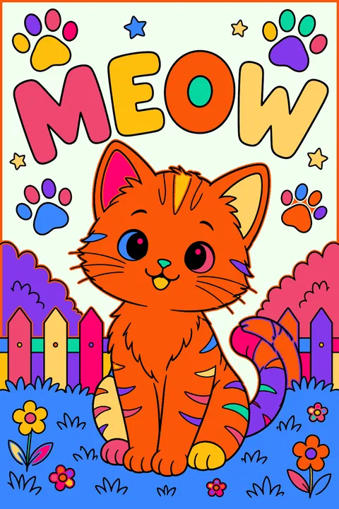 Kitten sitting under the word meow in big outline letters with paw prints coloring page