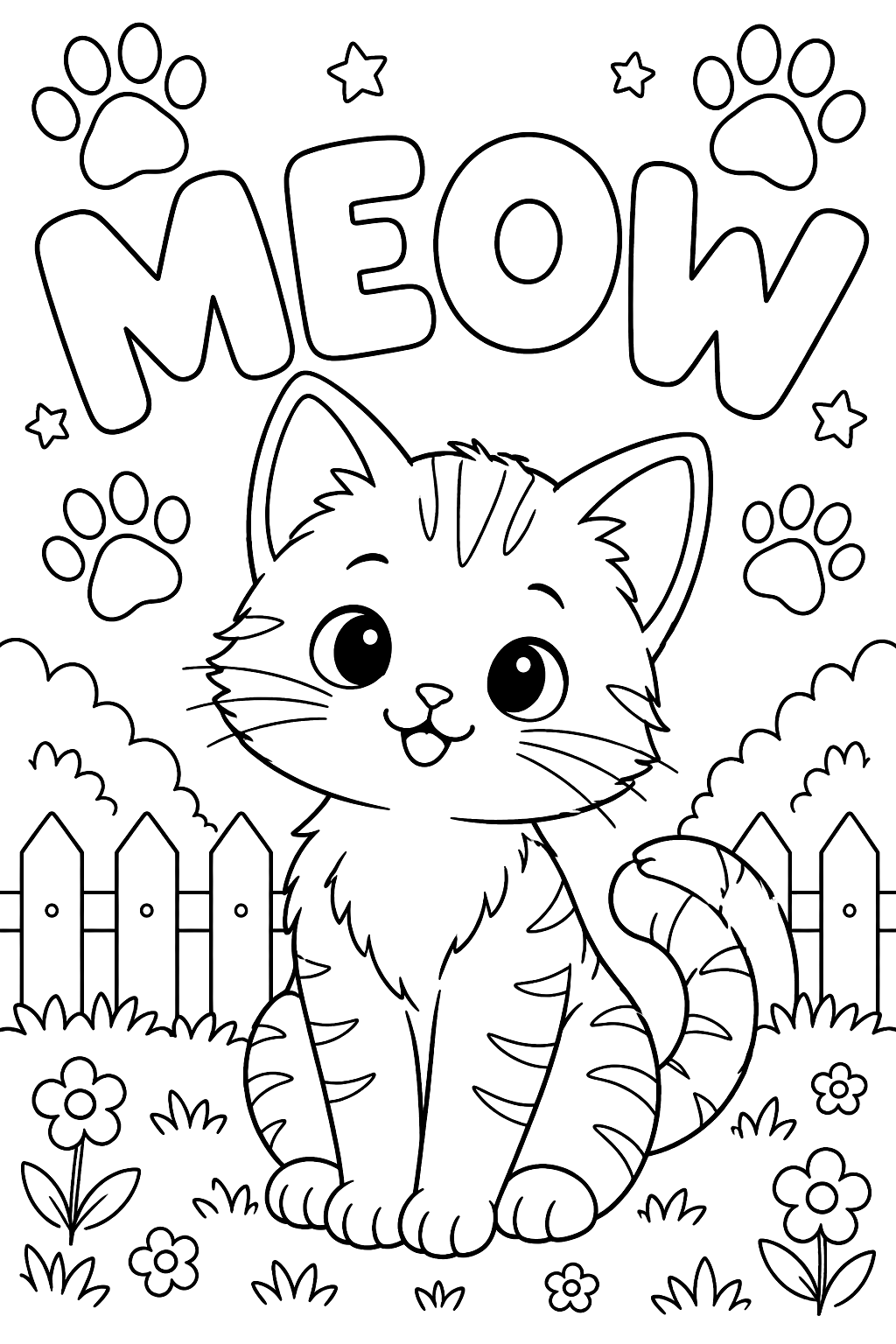 Kitten sitting under the word meow in big outline letters with paw prints coloring page