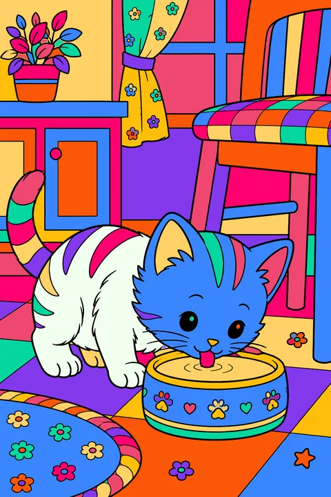 Kitten lapping milk from a bowl on a kitchen floor next to a chair coloring page