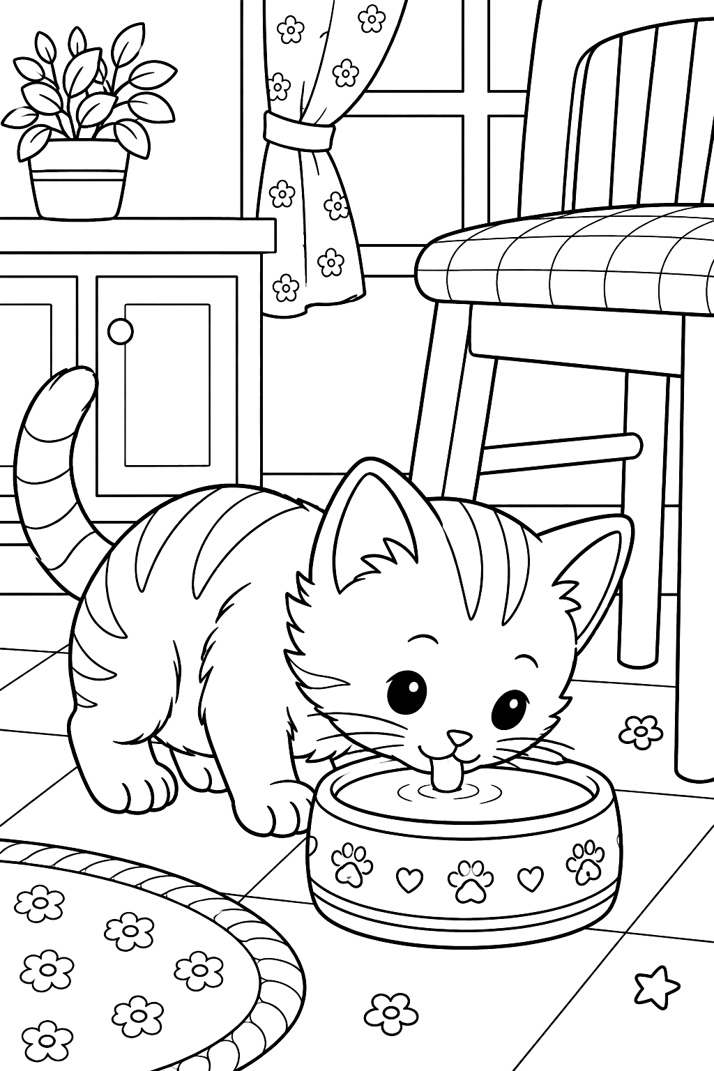 Kitten lapping milk from a bowl on a kitchen floor next to a chair coloring page