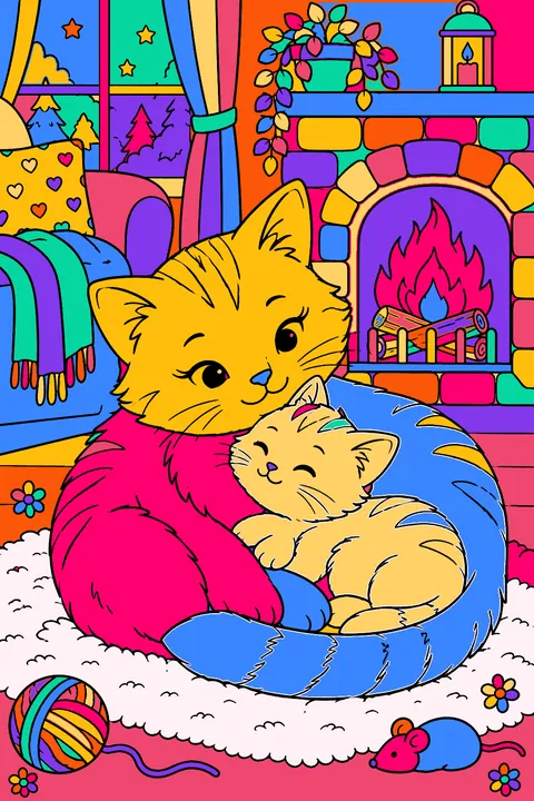 Kitten snuggling with its mother cat on a cozy rug by a fireplace coloring page