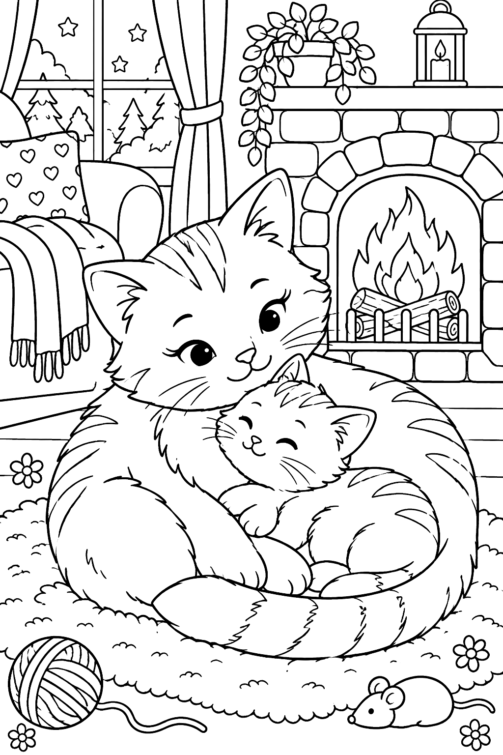 Kitten snuggling with its mother cat on a cozy rug by a fireplace coloring page