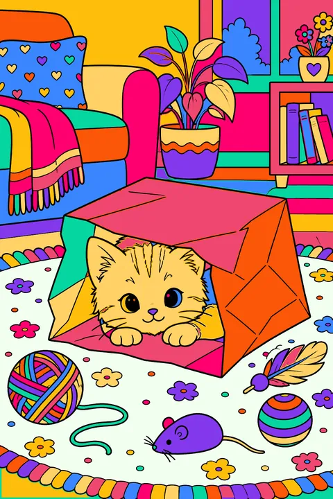 Kitten hiding inside a paper bag on the living room rug with toys around coloring page