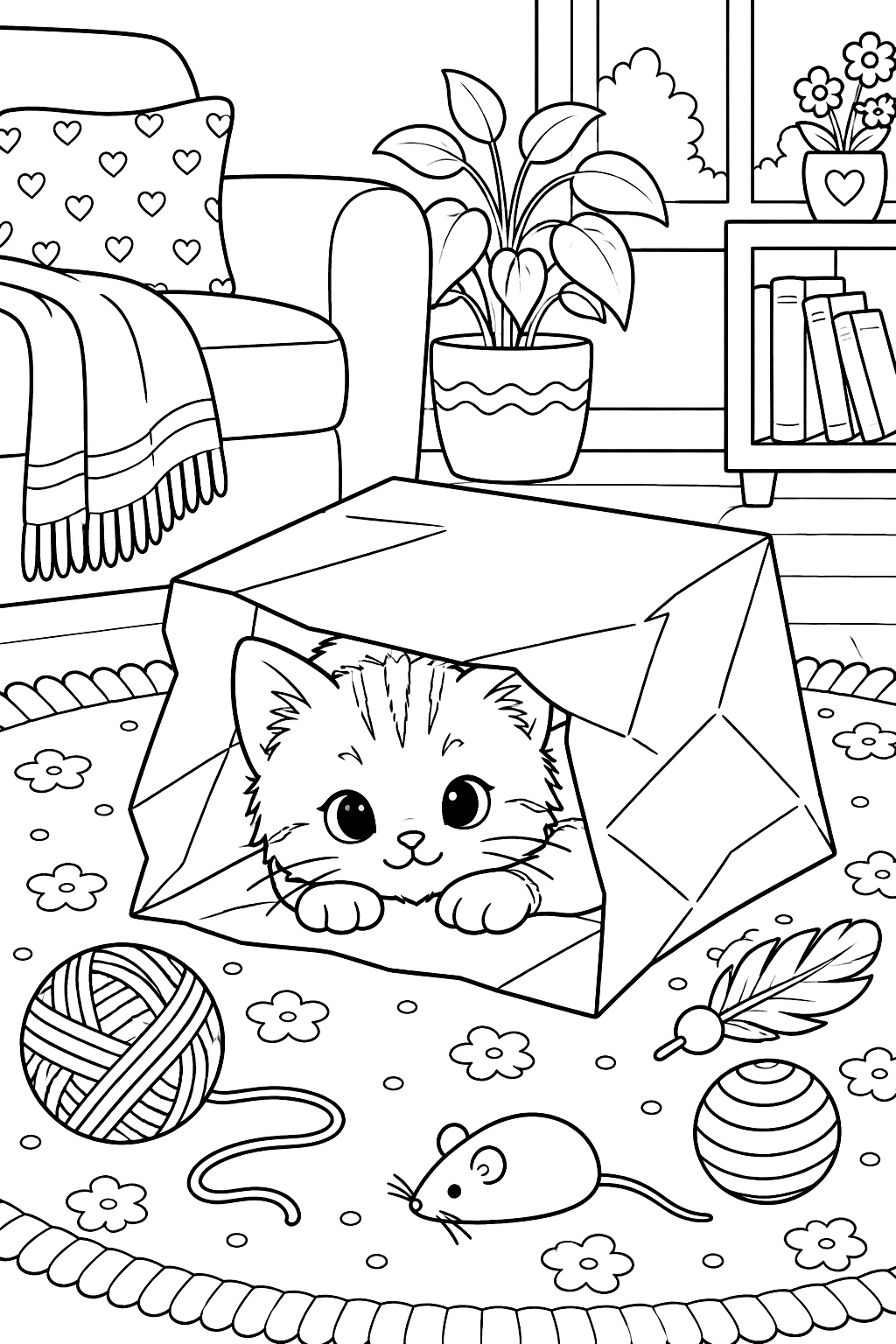 Kitten hiding inside a paper bag on the living room rug with toys around coloring page