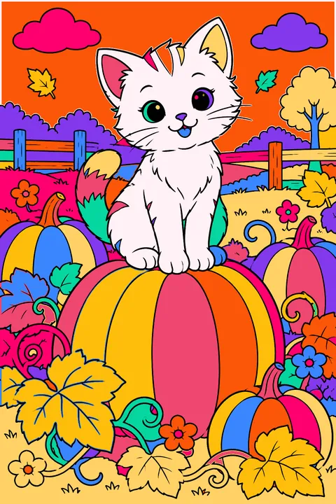 Kitten sitting on a pumpkin in a pumpkin patch with leaves and vines coloring page