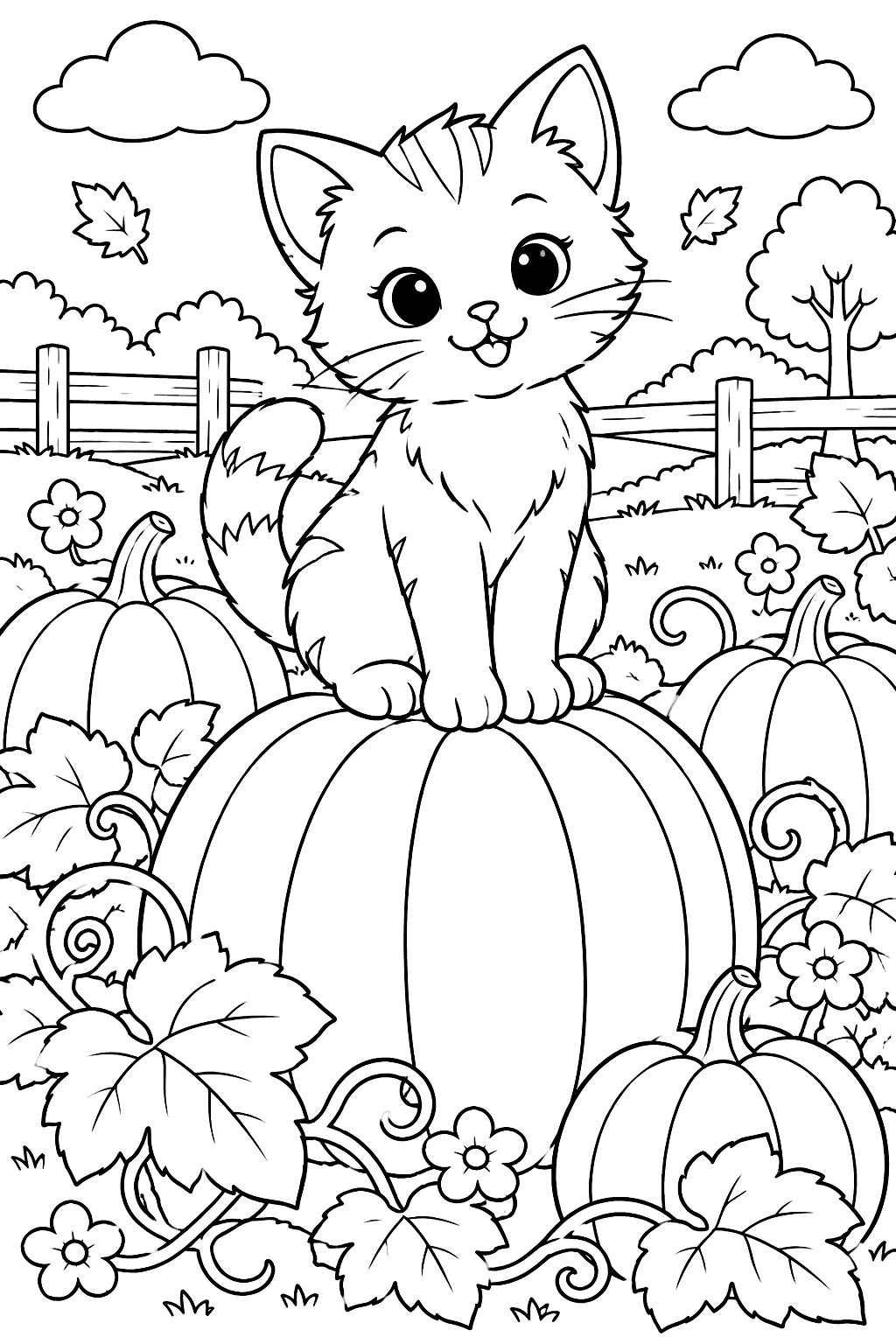 Kitten sitting on a pumpkin in a pumpkin patch with leaves and vines coloring page