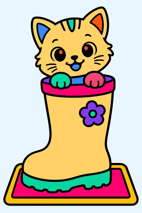 Kitten peeking out of a rain boot on a doormat coloring page