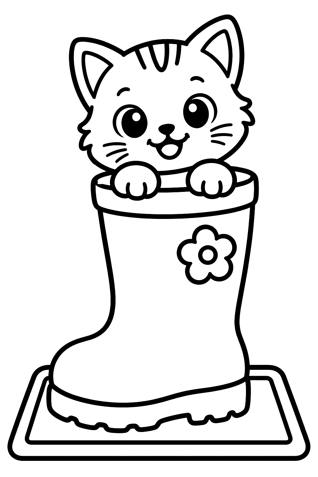 Kitten peeking out of a rain boot on a doormat coloring page