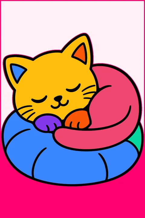 Kitten sleeping curled up on a round pillow with its tail wrapped around coloring page