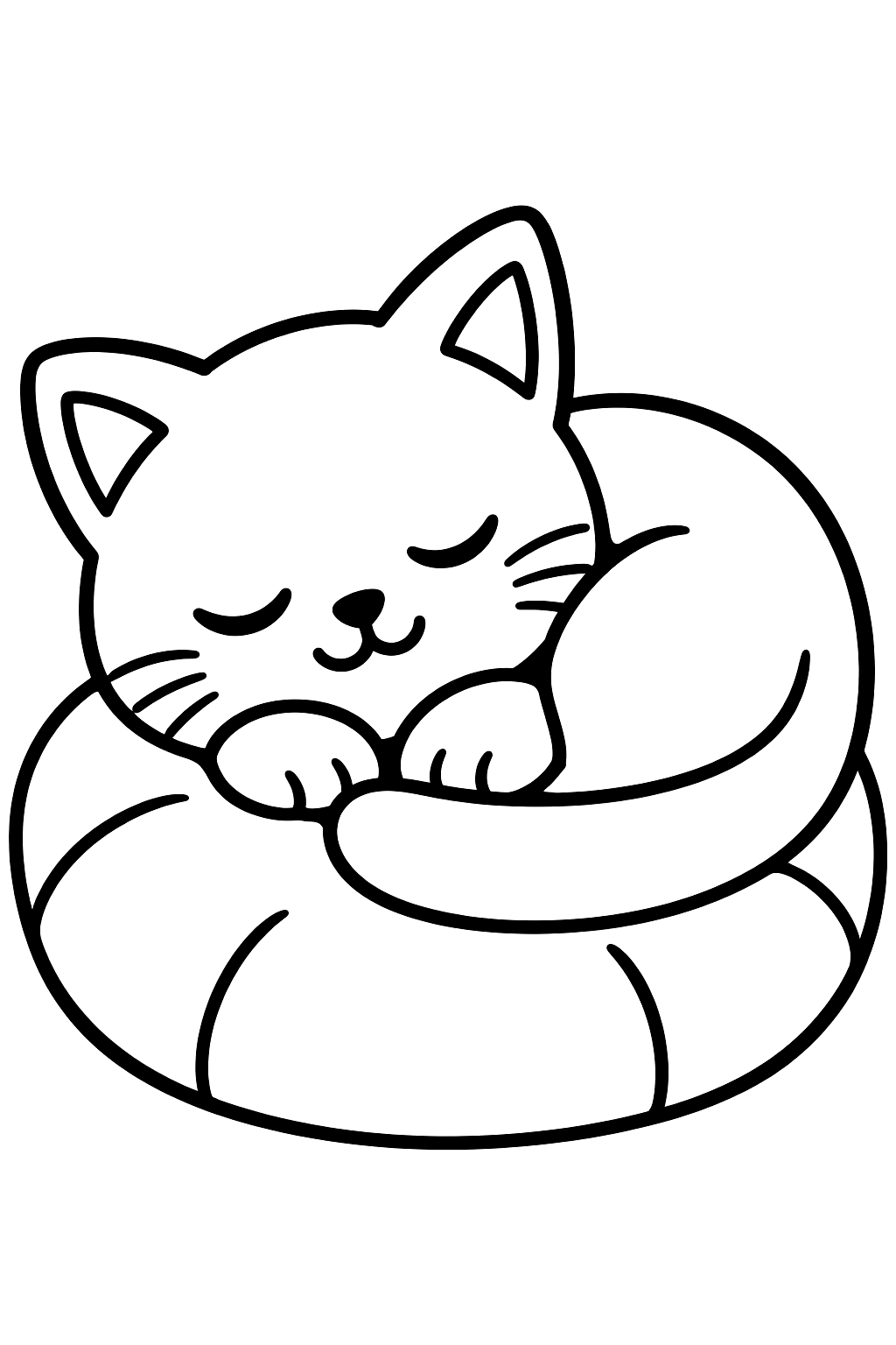 Kitten sleeping curled up on a round pillow with its tail wrapped around coloring page