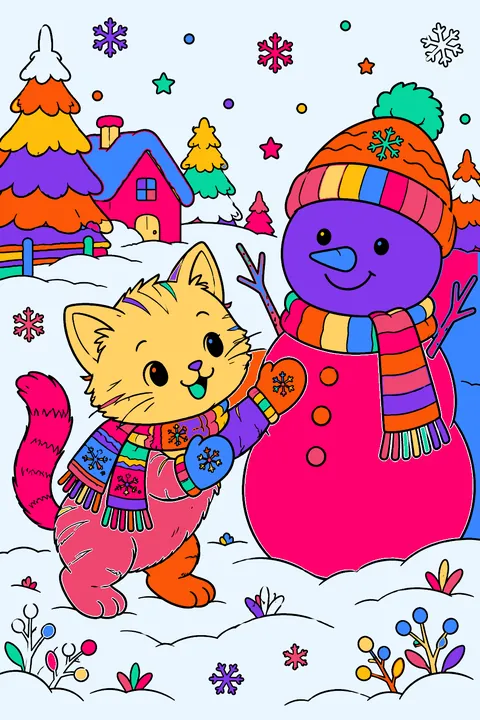 Kitten playing in the snow with tiny mittens and a scarf beside a snowman coloring page