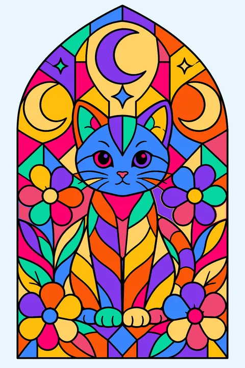 Kitten in a stained glass window design with flowers, moons and geometric panes coloring page